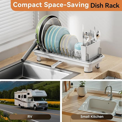Laveshop Small Dish Drying Rack, Compact Dish Drainer for Kitchen Counter, with Adjustable Back Slots, Space-Saving for Small Kitchens, White - Image 3
