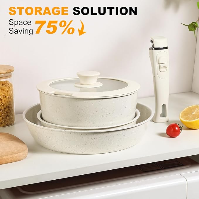 Pots and Pans Set Non Stick, Ceramic Cookware Set Nonstick Frying Pans 5 Pcs-Non Toxic PFAS/PFOA/PTFE Free, with Detachable Handle for RV Kitchen, Induction & Dishwasher Safe Cream White - Image 8