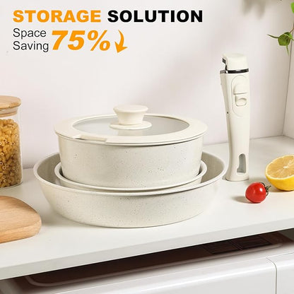 Pots and Pans Set Non Stick, Ceramic Cookware Set Nonstick Frying Pans 5 Pcs-Non Toxic PFAS/PFOA/PTFE Free, with Detachable Handle for RV Kitchen, Induction & Dishwasher Safe Cream White - Image 8