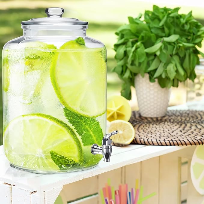 Honeydak 2 Pack 4 Gallon Glass Beverage Dispenser with Stand and Spigot Leakproof Glass Drink Beverage Storage for Valentine's Parties Mason Jar Dispenser with Lids