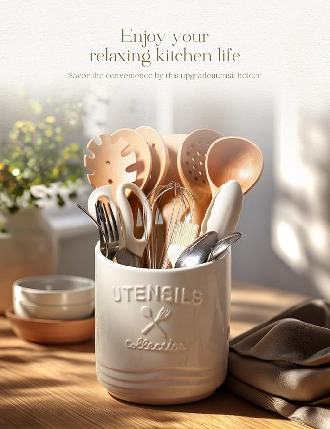 AISBUGUR Large Ceramic Utensil Holder: 7.5" H×6.3" W with Slanted Mouth - Utensil Crock with Non-Slip Cork Base for Kitchen Counter, Ideal for Decor & Gift,white utensil holder - Image 2