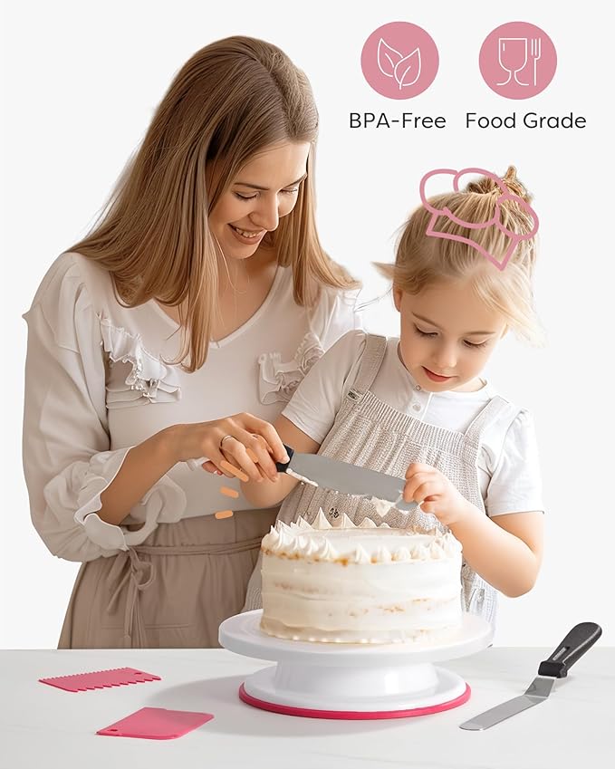 Kootek Cake Decorating Kit Baking Supplies Set Cake Turntable with 2 Frosting Straight Angled Spatula 3 Icing Smoother Scrapers Baking Accessories Tools for Beginners and Pros, Mother's Day, Pink - Image 6