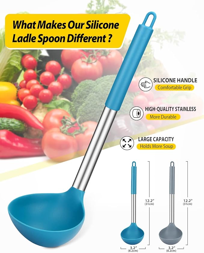 Pack of 2 Ladle Spoon,Silicone Large Spoon for Soup,Non Stick Kitchen Utensils with High Heat Resistant,BPA Free Perfect Kitchen Tools for Cooking, Stirring,Serving Soups (GREY-BLUE) - Image 2
