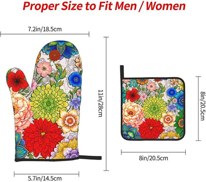 Boho Floral Oven Mitts and Pot Holders Set of 3,Cute Colorful Flowers Heat Resistant Non Slip Kitchen Oven Mitts and Hot Pads for Cooking, Kitchen Gifts for Baking Lovers, Housewarming Gifts for Women