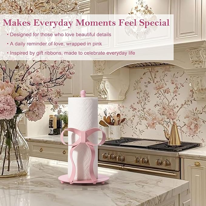 Pink Bow Paper Towel Holder Coutertop - Bow Accent Paper Towel Holder, Pink Kitchen Decor and Accessories, Coquette Room Decor Girly Gifts for Women, 3D Handmade Pattern, Weighted Base - Image 8