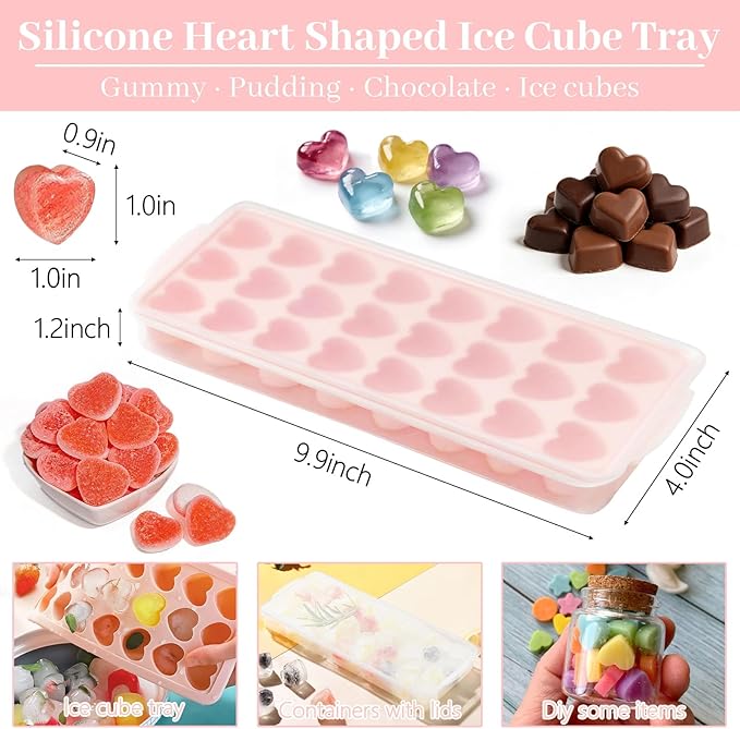 Heart Ice Cube Molds with Lid 2 Pcs Mini Heart Ice Cubes Tray for Whiskey Hearts Silicone Jello Chocolate Mold Hearts Pudding Soap Candle Molds Valentine Ices Cube Maker for Cocktails Beverages