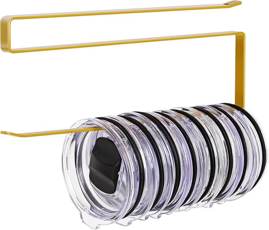 Tumbler Lid Organizer, Horizontal Tumbler Lid Storage Hook Up to 10 Lids, Space Saving Cup Lid Holders Under Cabinet Tumbler Lid Hook for Kitchen Organizer and Storage, Paper Towel Rack Hanger (Gold) by JOLENSOY