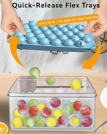 Ice Cube Trays with Lid and Bin, BPA-Free Mini 0.75 Inch Sphere Ice Molds, 2-Pack Small Round Ice Ball Trays, Easy Release, Includes Scoop & Ice Storage Box for Cocktails, Coffee - Image 3
