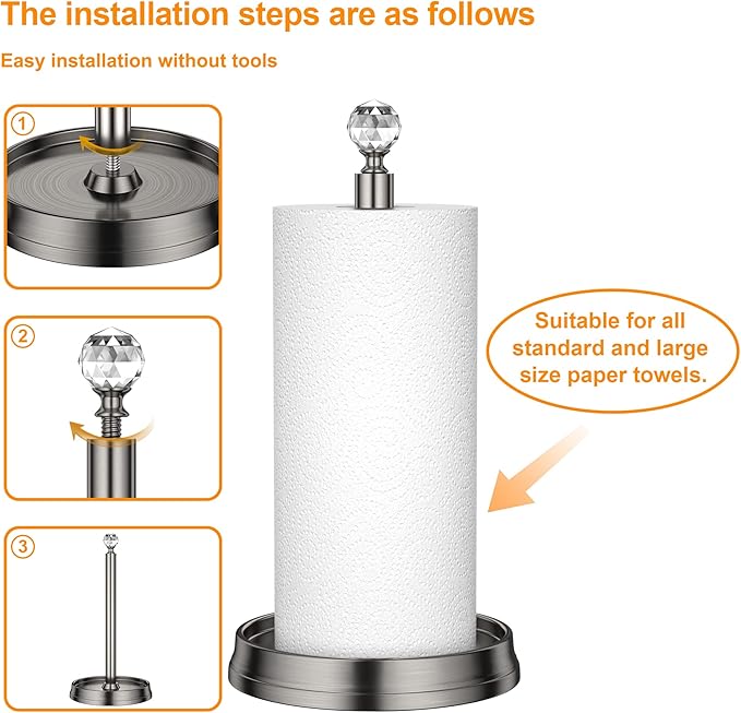 KASUNTO Paper Towel Holder with Crystal Ball - Steel Countertop Stand, Fits Standard & Jumbo Rolls, Brushed Nickel - Image 4