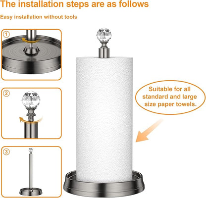 KASUNTO Paper Towel Holder with Crystal Ball - Steel Countertop Stand, Fits Standard & Jumbo Rolls, Brushed Nickel - Image 4
