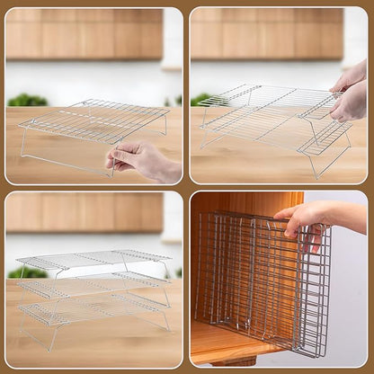 Cooling Rack for Baking 3 Tiers, 16" x 10" Cookie Cooling Wire Rack Stackable Collapsible Nonstick, Stainless Steel Baking Cooking Cooling Racks with Optimum Air Flow, Silver - Image 5