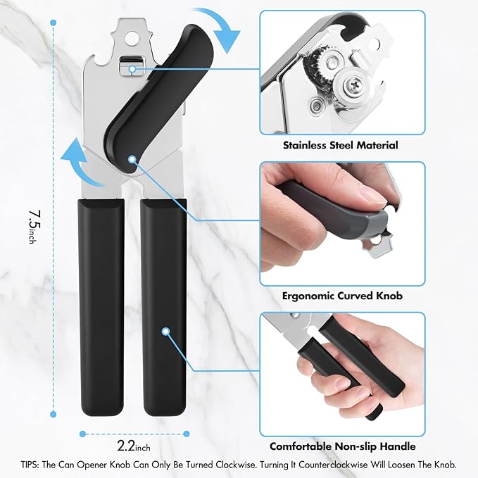Can Opener Manual, COKORA Can Openers Hand Held with Comfort Anti-Slip Handles, Heavy Duty Stainless Steel Can Opener Smooth Edge and Bottle Openers, Easy Turn Can Openers for Seniors, Kitchen, Black - Image 2