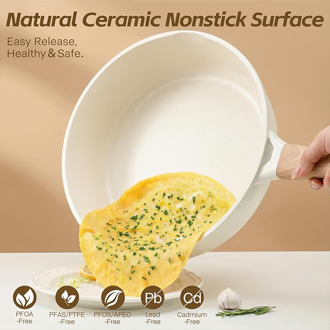 Ceramic Nonstick Frying Pan with Lid, 4.0 QT Sauté Pan Large Capacity Skillet, Non Stick Deep Frying Pan Induction Compatible White Granite Coating PFOA/PFAS Free Non-toxic Healthy Kitchen Cookware - Image 2