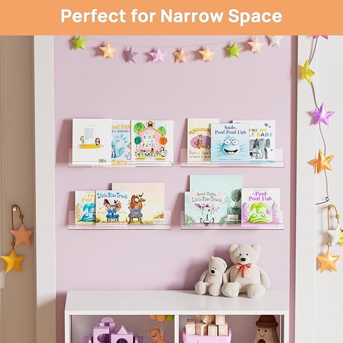 upsimples Acrylic Shelves for Bathroom Storage, 15" Floating Shelves Wall Organizer for Perfume, Make up, Skincare, Kids Bookshelf for Bedroom, Nursery, Living Room Decor, Clear, 2 Pack - Image 6
