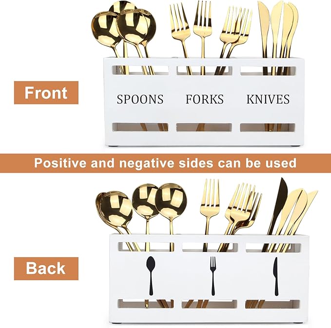 Wooden Silverware Cutlery Holder White Flatware Caddy Small Kitchen Utensil Holders for Party Wood Silverware Organizer Storage for Table Countertop Spoon and Fork Holder Utensils Caddy Basket - Image 4