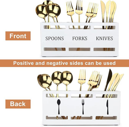 Wooden Silverware Cutlery Holder White Flatware Caddy Small Kitchen Utensil Holders for Party Wood Silverware Organizer Storage for Table Countertop Spoon and Fork Holder Utensils Caddy Basket - Image 4