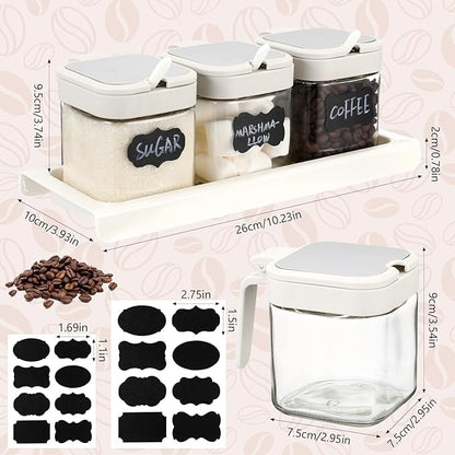 Suclain 3 Pcs Glass Coffee Containers Coffee Station Organizer Set, Airtight Bean Storage Jars with Shelf,labels,spoon, Base and Pen,for Sugar, Candy, Oats, Nuts(White) - Image 3