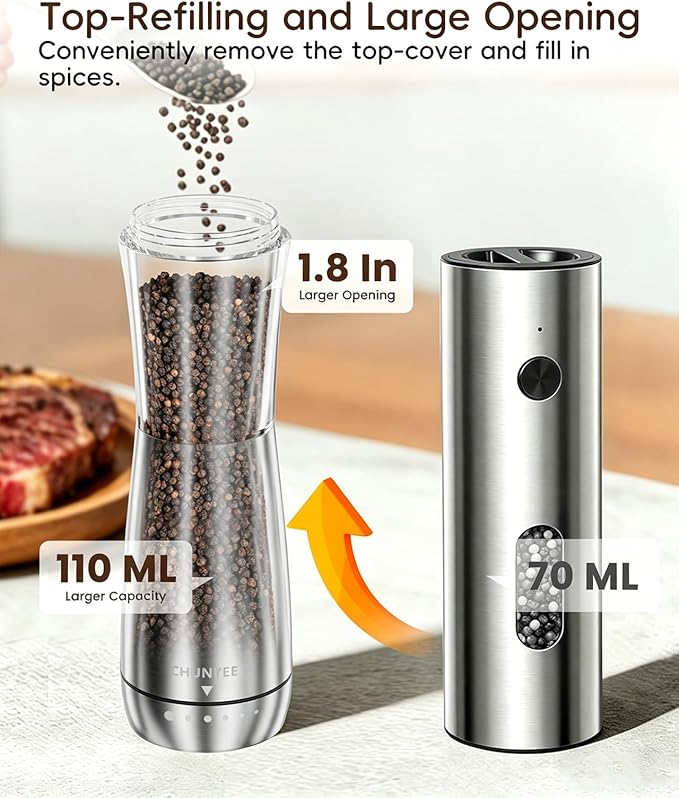 Electric Salt and Pepper Grinder Set - Automatic Stainless Steel Rechargeable Salt and Pepper Grinder Set with Storage Base, Large Capacity, LED Light & Adjustable Coarseness, Ideal Kitchen Gadget - Image 3