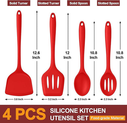 P&P CHEF Kitchen Utensil Set, 4 Pieces Non-stick Silicone Cooking Utensils, Heat-resistant Slotted Solid Spoon Turner for Frying, Mixing, Serving, Non-toxic & Easy to Clean, Red - Image 2