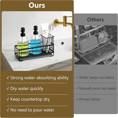 Shinowa Kitchen Dish Soap Dispenser Set, 14OZ Glass Bottle with Rustproof 304 Stainless Steel Sponge Holder and Instant Dry Tray, Hand and Dish Soap Dispenser Set for Kitchen Sink Organizer Decor
