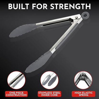 Kitchen Tongs with Silicone Tips Set of 3 Heat Resistant Tongs for Serving Food, 7-Inch, 9-Inch, 12-Inch Locking Silicone Tongs for Cooking, Salad Tong, Grey Kitchen Utensils - Image 4