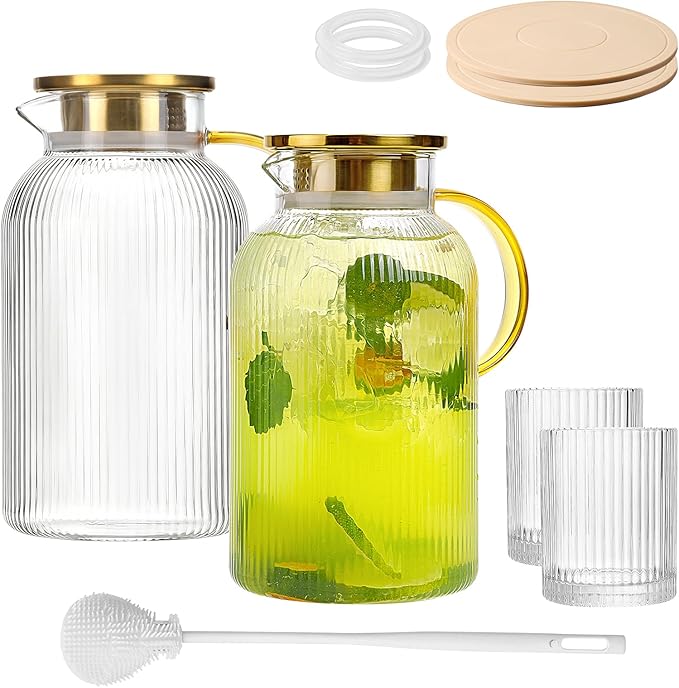 2 Pack Glass Pitchers with Lid and 2 Cups, 68oz/ 2 Liter Glass Water Pitcher with Handle and Lid for Fridge, Iced Tea, Coffee, Borosilicate Glass Carafe for Hot/Cold Brew Drink