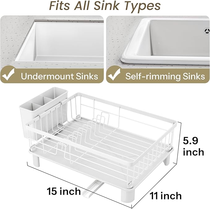SNTD Dish Drying Rack - Small Dish Rack for Kitchen Counter, Stainless Steel Dish Drainer with Utensil Holder and Drainboard, 11" W x 15" L (White) - Image 2
