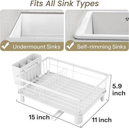 SNTD Dish Drying Rack - Small Dish Rack for Kitchen Counter, Stainless Steel Dish Drainer with Utensil Holder and Drainboard, 11" W x 15" L (White) - Image 2