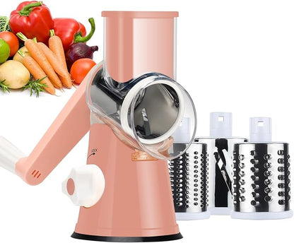 Ourokhome Rotary Cheese Grater Hand Crank, Kitchen Shredder Speed Mandolin Slicer Nuts Grinder with Handle and Drum Blades for Cheese, Vegetable, Walnuts, Chocolate, Potato, Carrot, 3 Blades, Pink by Ourokhome