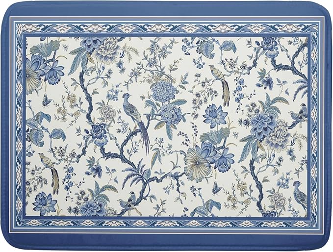 Giwawa Chinoiserie Dish Drying Mat 18x24in Blue White Oriental Floral Birds Kitchen Drainer Mats Porcelain Flowers Absorbent Microfiber Dish Drying Pad Large for Countertop Home Decor