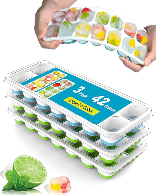 3 Pack Ice Cube Trays with Lids, Flexible Silicone Bottom for Easy Release, Stackable & Space-Saving Ice Molds, 1.2" Cubes Color-Coded (2 Green 1 Blue) for Juice, Coffee & Cocktails, BPA Free by DclobTop