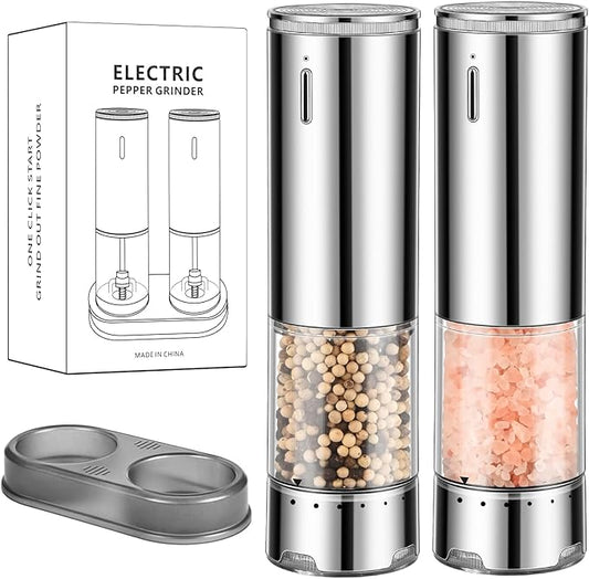 Rechargeable Salt & Pepper Grinder Set - Electric Automatic Grinder, Adjustable Coarseness, LED Light, One-Hand Operation, Stainless Steel & Acrylic, USB Charging, Silver (Set of 2)