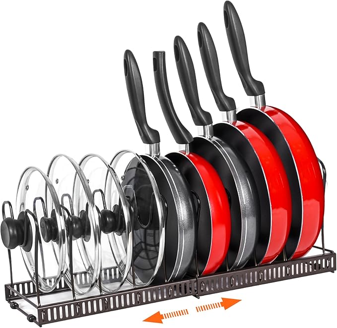 Pot Rack Organizer -Expandable Pot and Pan Organizer for Cabinet,Pot Lid Organizer Holder with 10 Adjustable Compartment for Kitchen Cabinet Cookware Baking Frying Rack,Bronze by ROOHUA