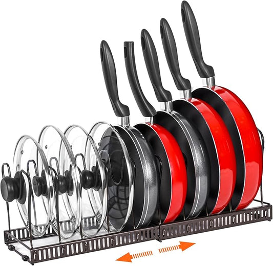 Pot Rack Organizer -Expandable Pot and Pan Organizer for Cabinet,Pot Lid Organizer Holder with 10 Adjustable Compartment for Kitchen Cabinet Cookware Baking Frying Rack,Bronze by ROOHUA