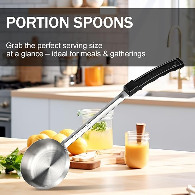 6 Ounce Solid Stainless Steel Portion Control Ladle Spoon -2Pcs Pizza Sauce Serving Spoons Portion Ladle for Sauces, Perfect for Weight Watchers, Buffets, Parties