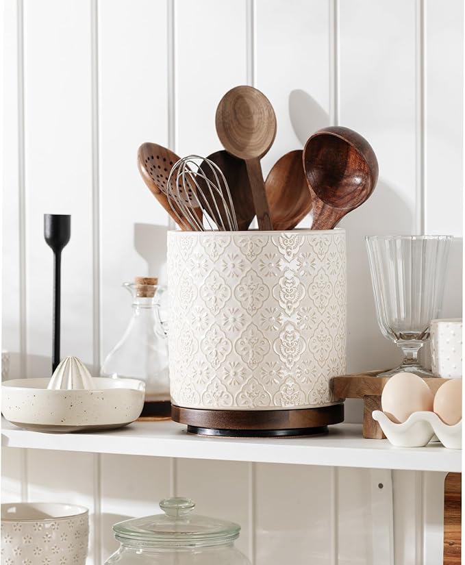Kitchen Utensil Holder, 360° Rotating Extra Large Ceramic Utensil Holder with Embossed Pattern, 7.3” Cooking Utensil Crocks for Kitchen Countertop, Home Decor, Off-White - Image 6