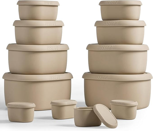 ISSEVE 12Pcs/Set Nesting Silicone Food Storage Containers with Lids, BPA Free Reusable Meal Prep Silicone Containers Airtight, Freezer Dishwasher Safe (33.8oz, 20oz, 10oz, 6.7oz, 1.3oz) (Beige)