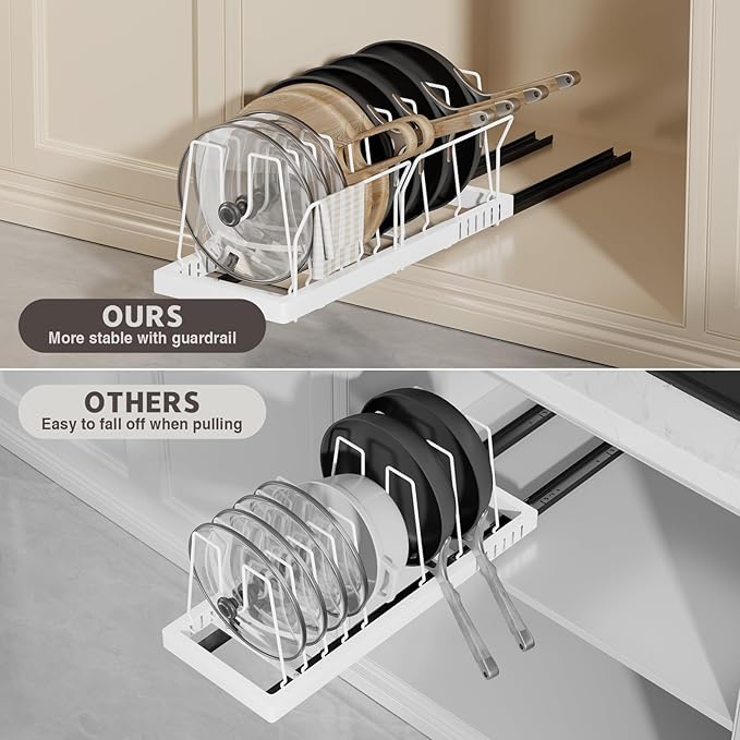 Magheo 2 Pack Pots and Pans Organizer Under Cabinet, 22" Deep Expandable Pull Out Pot Lid Organizer and Storage with 10 Adjustable Dividers No Drill Pot and Pan Holder Rack with Handle Bracket(White) - Image 5