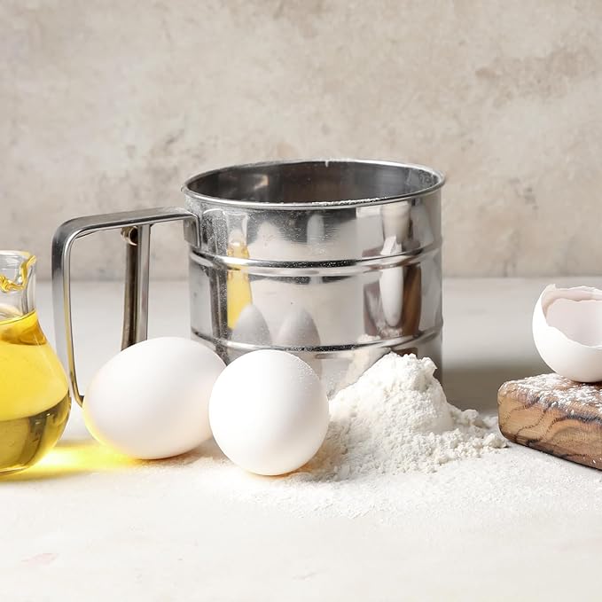 Flour Sifter, Stainless Steel Sifter for Baking, Double Layer Fine Mesh Baking Sifter, One Hand Press Crank Sifter for Powdered Sugar Shaker Duster, Flour Sieve Sifter for Baking Cakes Rondauno