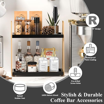 Coffee Bar Accessories, Black Gold Coffee Station Organizer for Countertop Decor, 2 Tier Large Wooden CoffeeBar Shelf for Office, Breakroom, Bathroom - Image 5