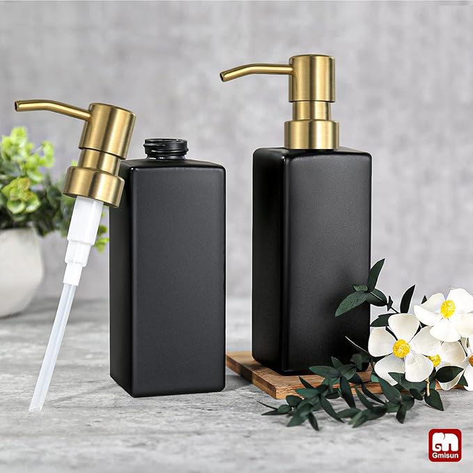 GMISUN Gold Soap Dispenser, Black Soap Dispenser Bathroom with Stainless Steel Pump, Hand and Dish Soap Dispensers Set for Kitchen, 12 fl oz/350ml Glass Liquid Refillable Lotion Dispenser Bottle - Image 6