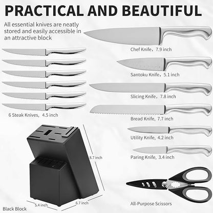 15-Piece Stainless Steel Chef Kitchen Knife Sets with Block & Built-In Sharpener, Professional Chef Knife Sets with Scissors, Steak Knives