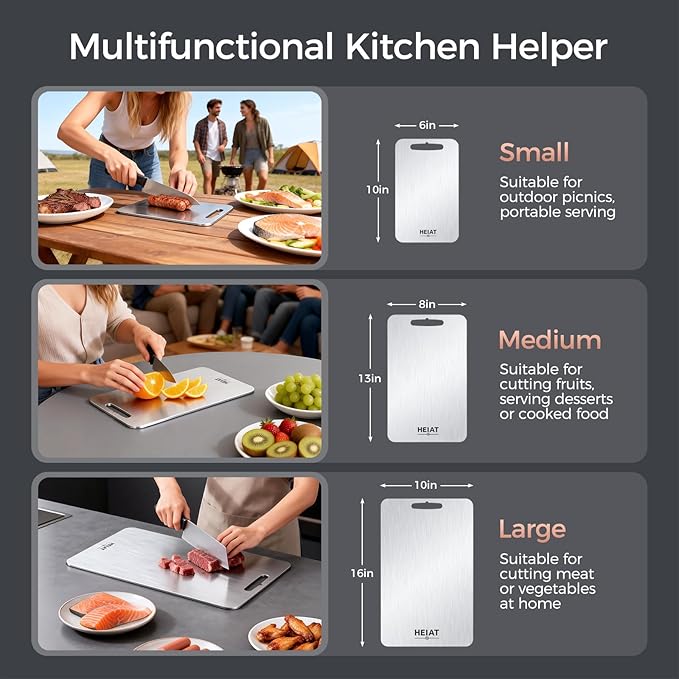 Titanium Cutting Board Set of 3, 100% Pure Titanium Cutting Boards for Kitchen, Non-Toxic, Double-Sided Chopping Boards for Raw & Cooked Food, Handles Included, Dishwasher Safe(16” x 10”) - Image 3