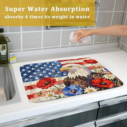 4th of July American Flag Eagle Dish Drying Mat for Kitchen Counter 18x24 Patriotic Floral Memorial Day Absorbent Reversible Microfiber Drying Mats Kitchen Countertop Protector Dishes Drainer Pad - Image 7