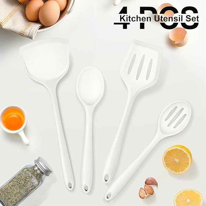 P&P CHEF Kitchen Utensil Set, 4 Pieces Non-stick Silicone Cooking Utensils, Heat-resistant Slotted Solid Spoon Turner for Frying, Mixing, Serving, Non-toxic & Easy to Clean, White - Image 6