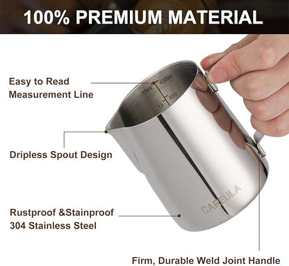 Milk Frothing Pitcher, 15oz Stainless Steel Milk Frother Cup Steaming Pitcher, Coffee Bar Cappuccino Espresso Machine Accessories Barista Tools, Metal Pitcher Milk Jug with Decorating Latte Art Pen