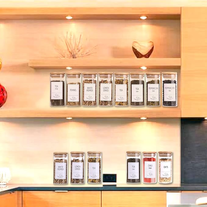 Churboro 24 Glass Spice Jars with Bamboo Airtight Lids, 400 Spice Labels, Funnel and Chalk Marker Set Spice Containers, 4 OZ Glass Storage Jars.