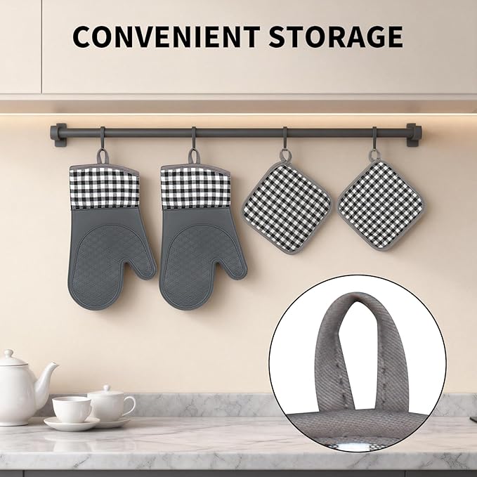 Tifanso Plaid Oven Mitts and Pot Holders 4-Piece Set, Oven Mitts Gloves Heat Resistant with Non-Slip Silicone Surface for Cooking Baking Grilling, Cotton Pot Holders Pads for Kitchen Cooking (Grey) - Image 6