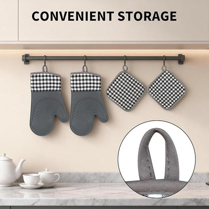 Tifanso Plaid Oven Mitts and Pot Holders 4-Piece Set, Oven Mitts Gloves Heat Resistant with Non-Slip Silicone Surface for Cooking Baking Grilling, Cotton Pot Holders Pads for Kitchen Cooking (Grey) - Image 6