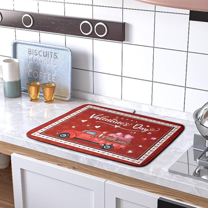 Happy Valentine's Day Dish Drying Mat for Kitchen Red Love Heart Truck Plaid Drying Mats Super Absorbent Dishes Drainer Pad Reversible Microfiber Dish Drying Rack Mat for Kitchen Counter 18x24 Inch - Image 5